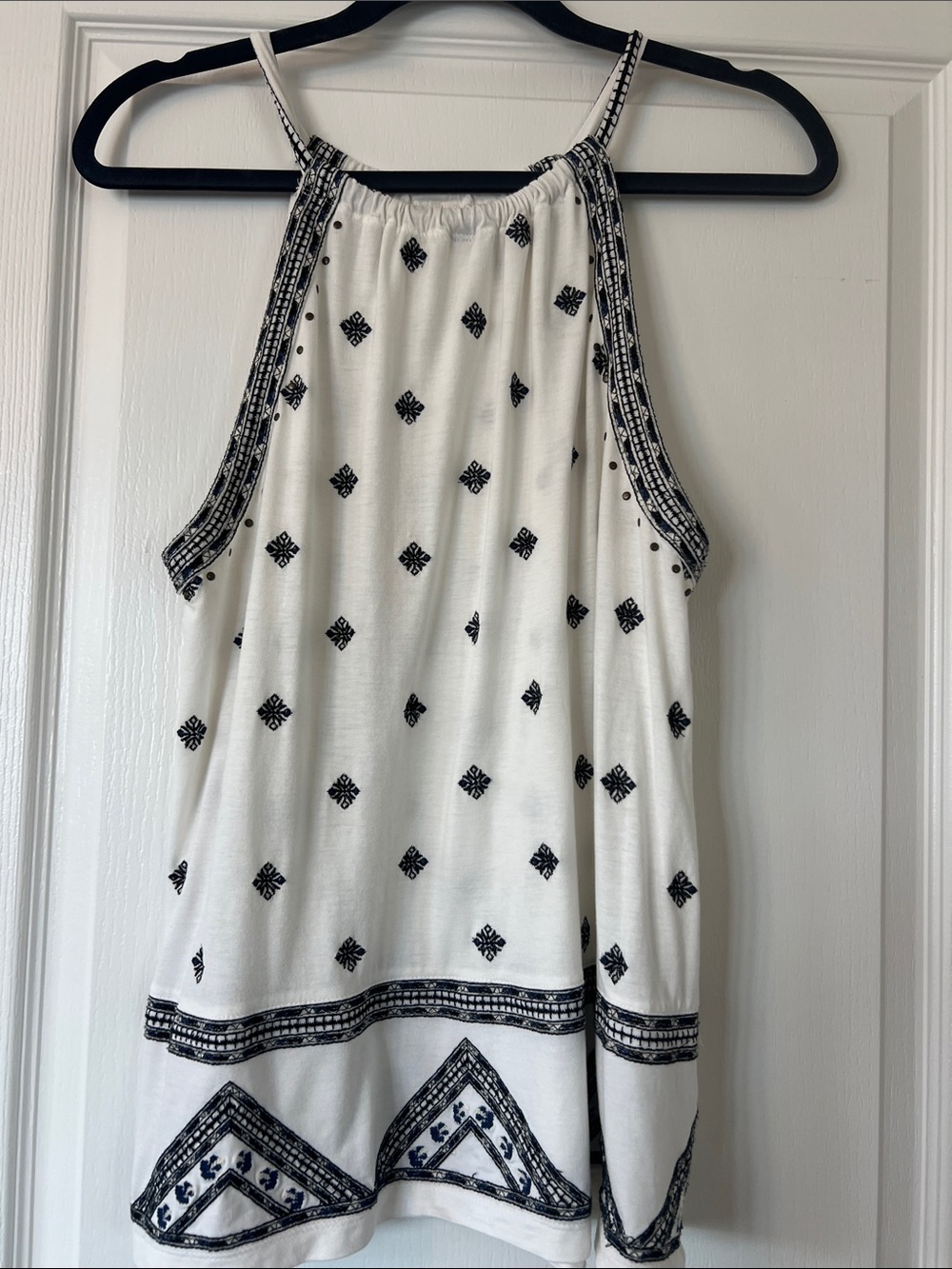 Like New Anthropologie cream and blue & black embroidered top size m